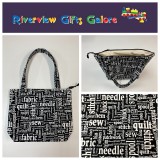 Medium Tote Bag with Zip- Sewing Words on Black